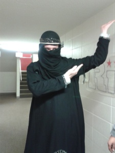 My friend running around campus in a burka